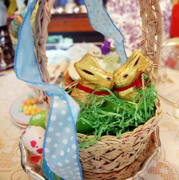 Bunnies in a basket Easter centerpiece Lindt chocolate