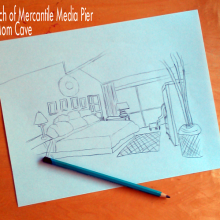 Sketch of media pier, desk, lamp in #MomCave La-z-boy