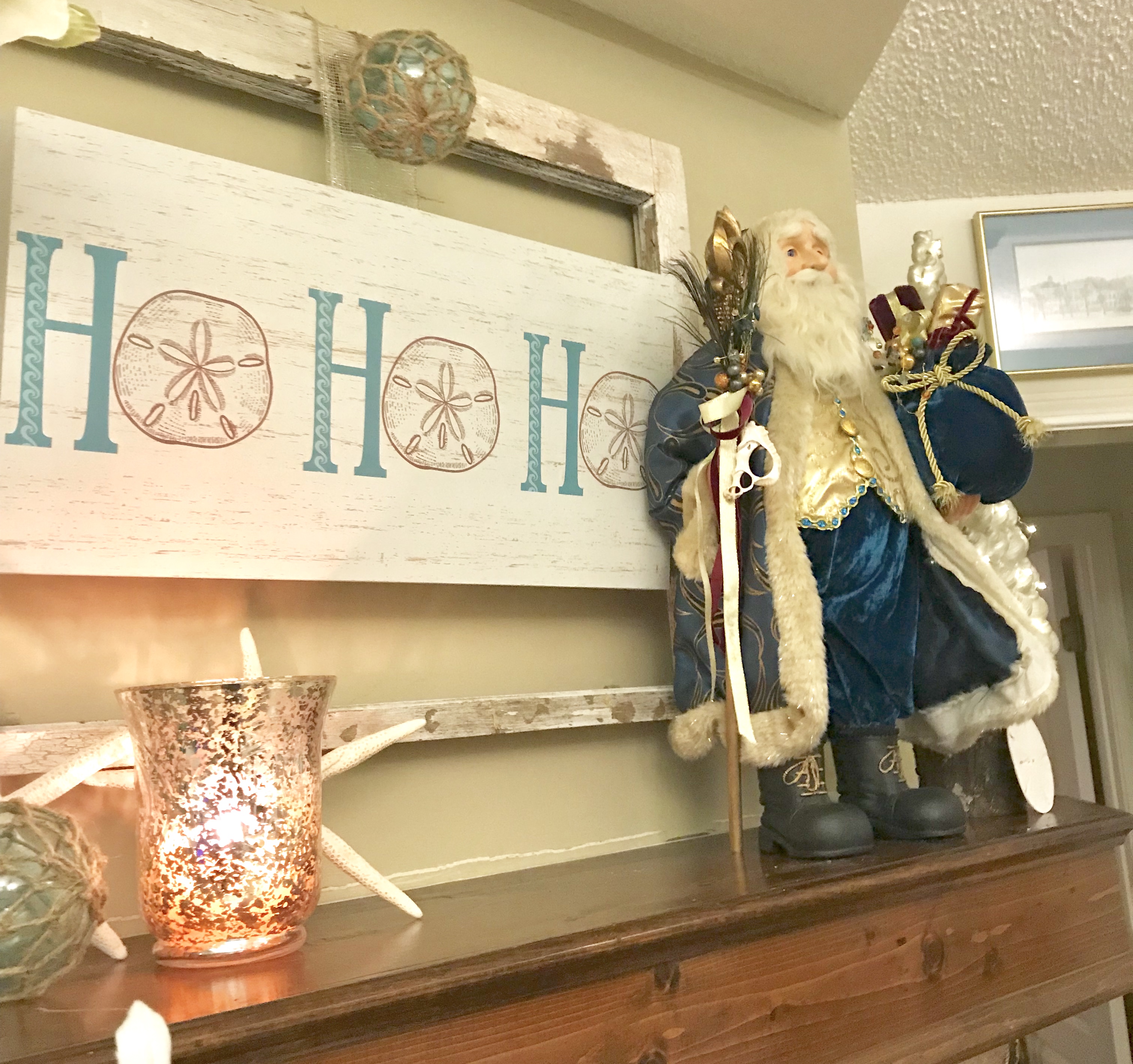 Rustic Beach Christmas Mantle Santa #2 and HO HO HO sign