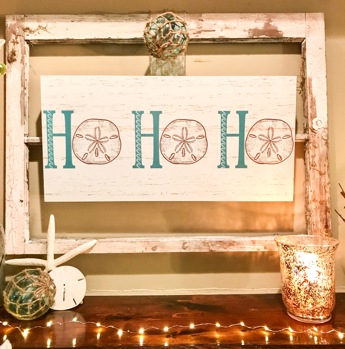 Rustic Beach Christmas Mantle focal point HO HO HO sign