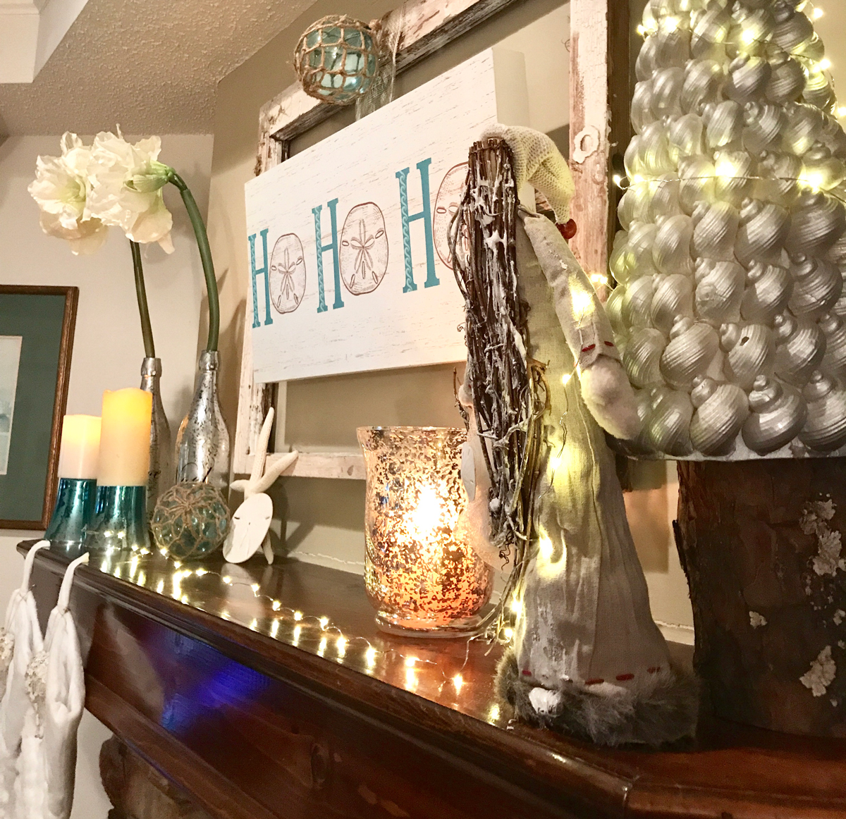 Rustic Beach Christmas Mantle from right
