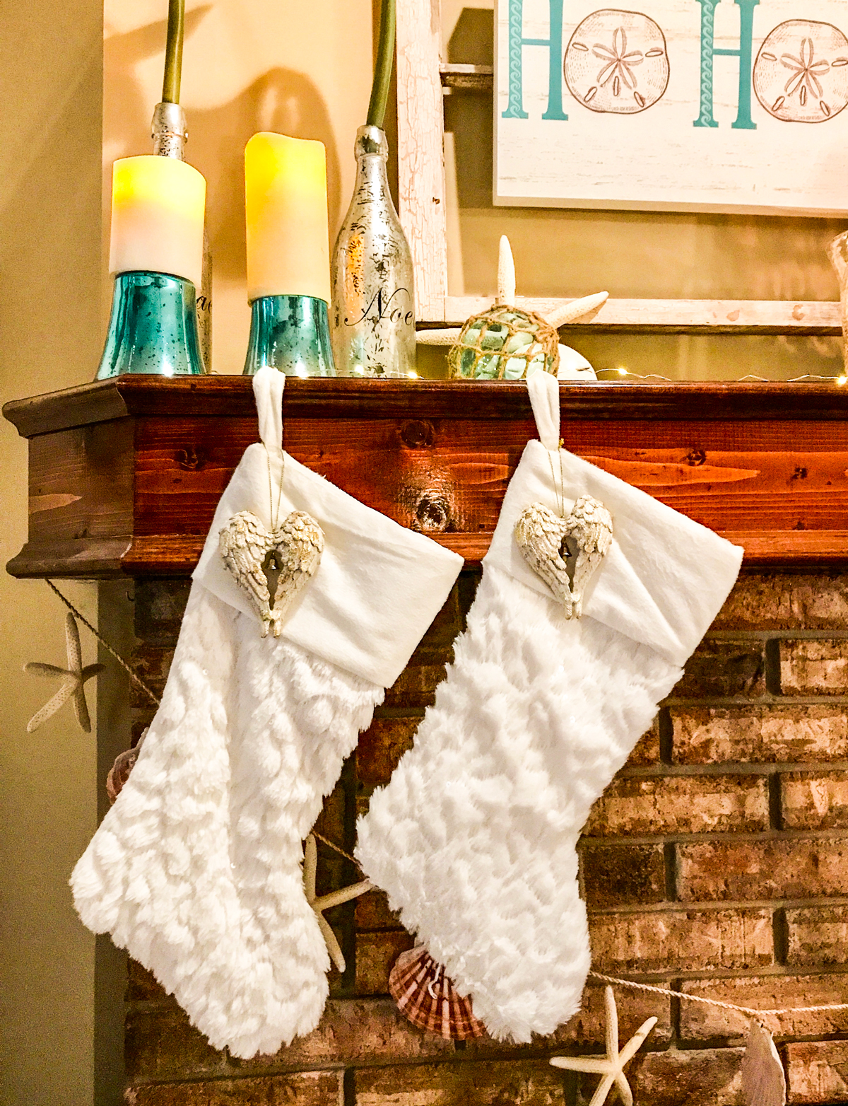 Rustic Beach Christmas Mantle furry stockings