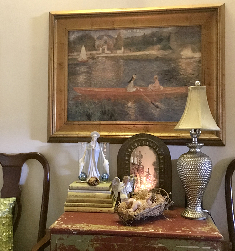 Layered Red and Green Holiday Decor Vignette on end table