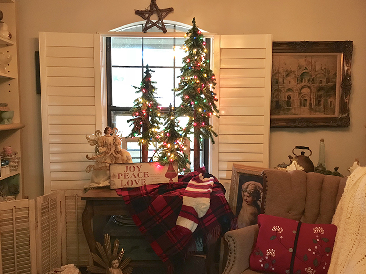 Red and Green Holiday Decor Table with 3 Christmas Trees